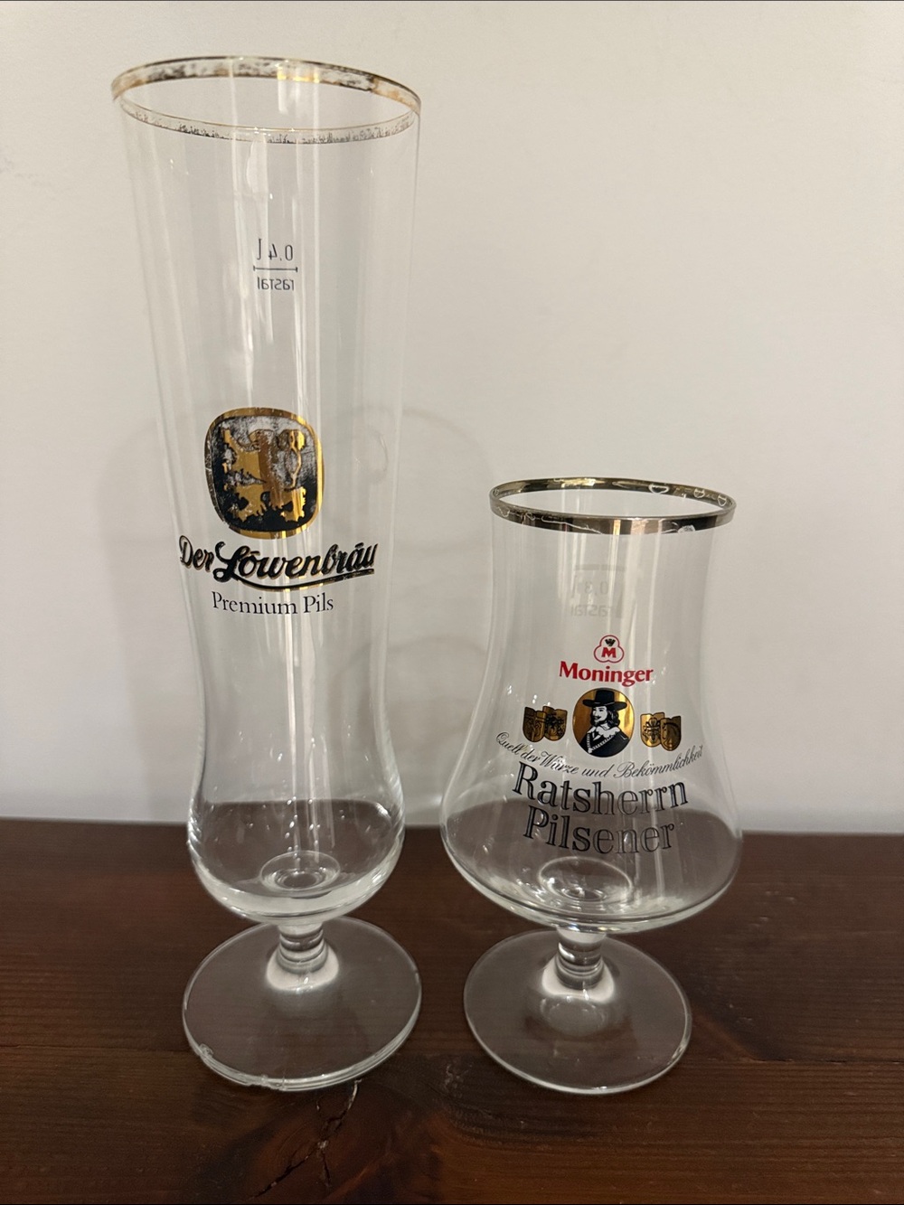 Pair of Vintage 1980s German Pilsner Glasses (Löwenbräu & Moninger)-Clear